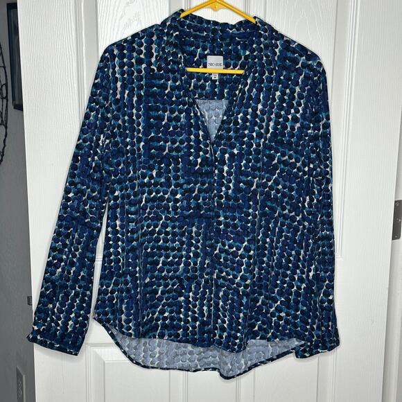nic + zoe blue geometric print blouse long sleeve rayon stretch size medium - Picture 2 of 6